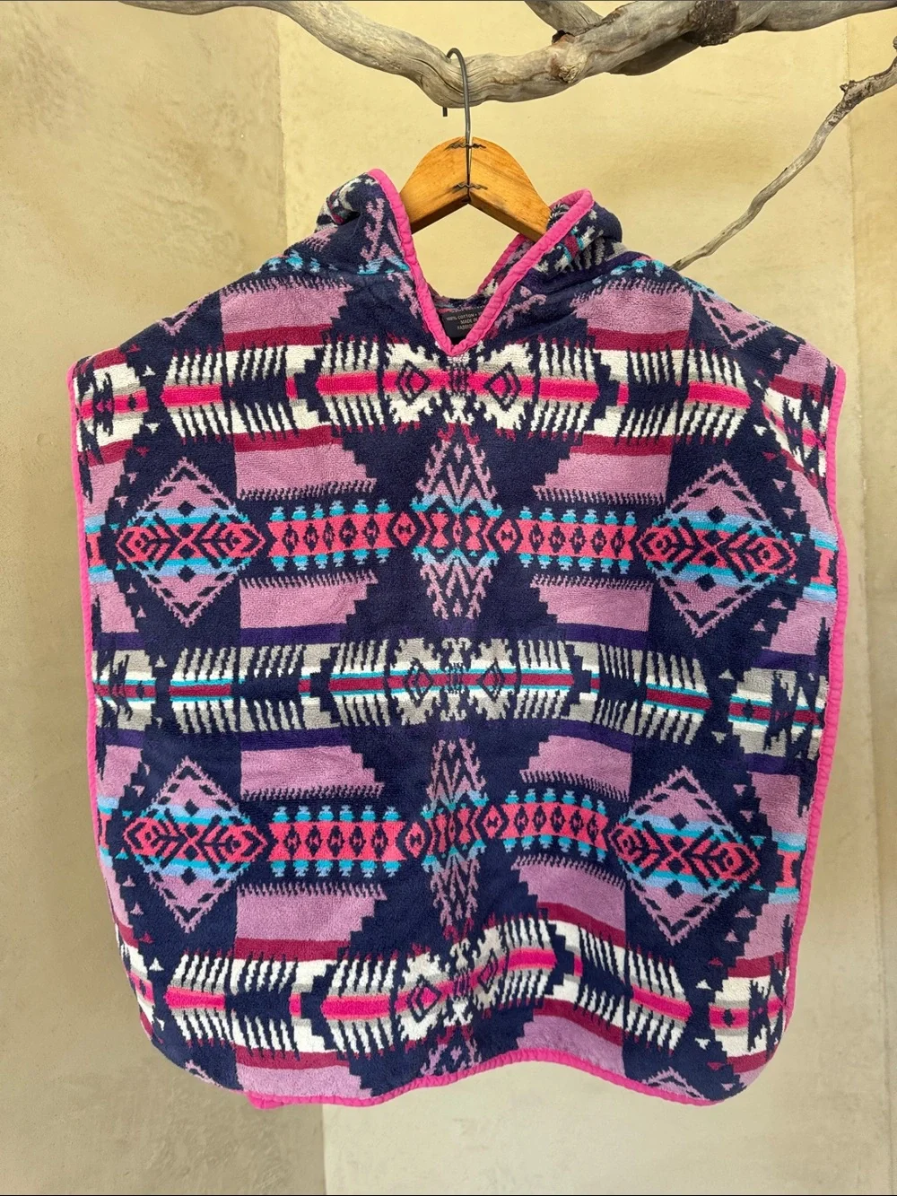 Pendleton Kids Hooded Poncho - Pink & Navy Aztec Print Beach Boho Girls western